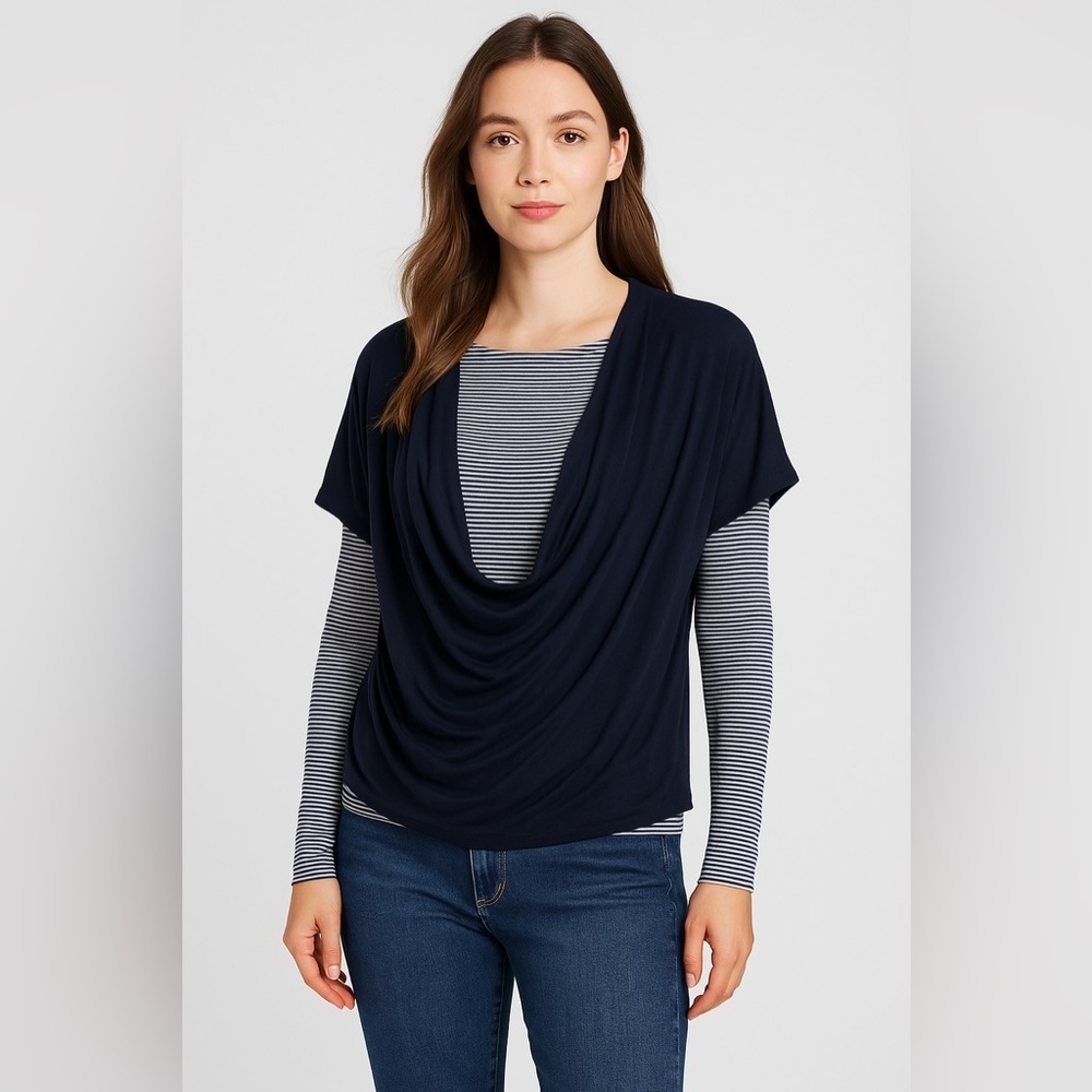 Chico’s Unique Layered Top - Navy Solid/Stripe Knit 🌟 - Picture 7 of 7